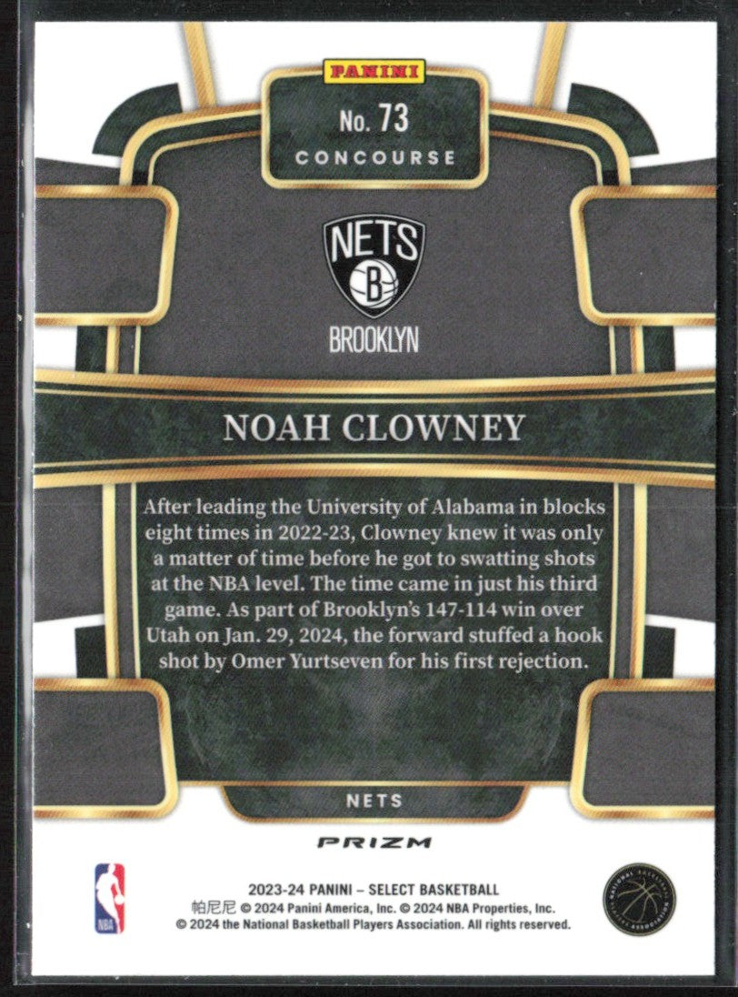 Noah Clowney 2023 Panini Select Concourse Silver Prizm RC #73 Brooklyn Nets