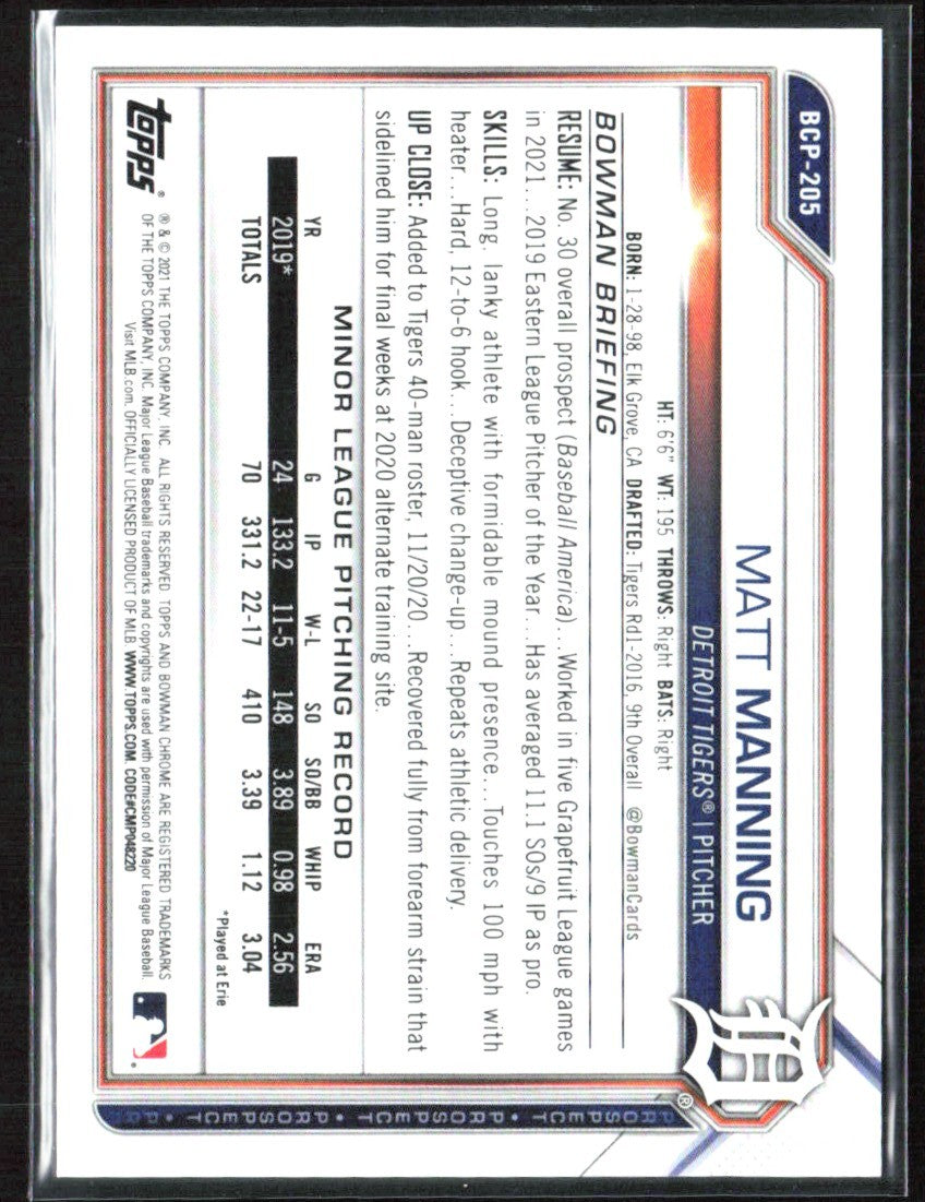 Matt Manning 2021 Bowman Chrome Blue Mojo Refractor /150 #BCP-205 Detroit Tigers