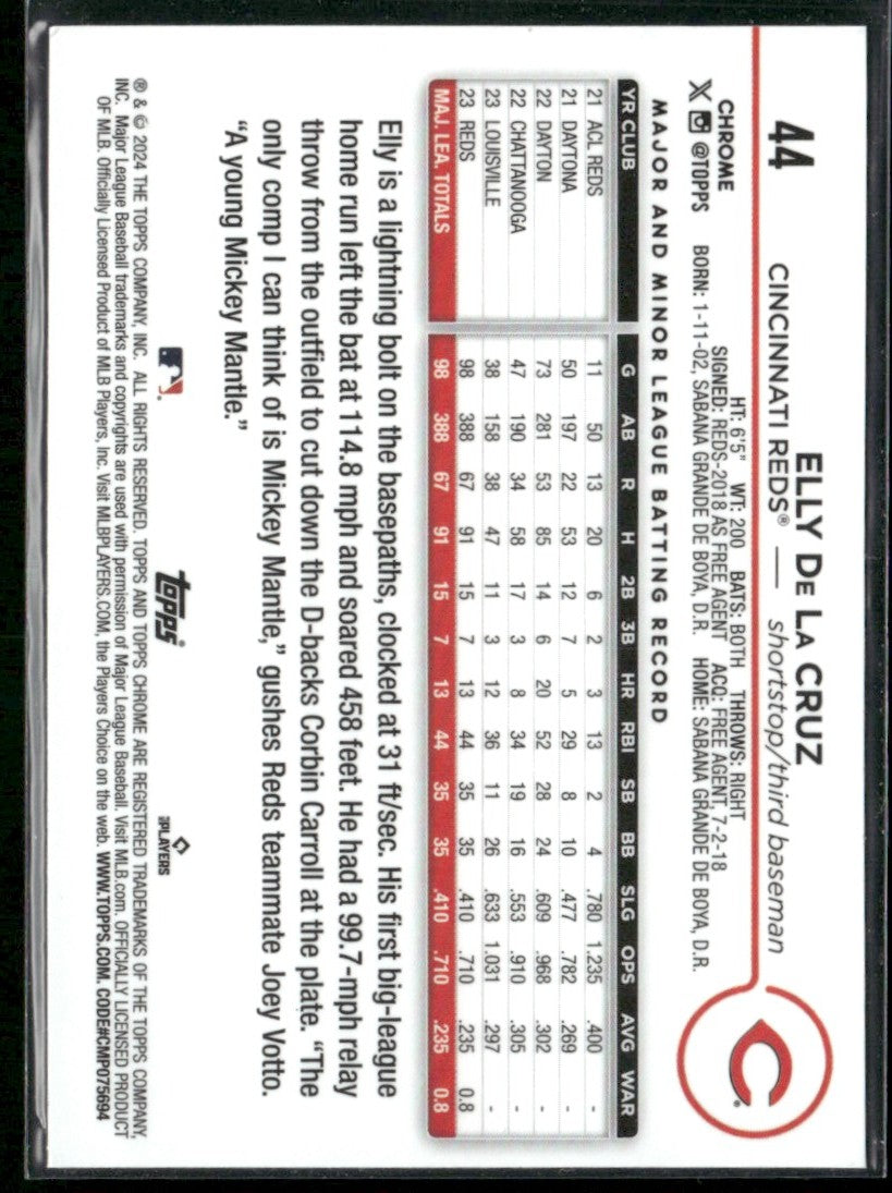 Elly De La Cruz 2024 Topps Chrome RC #44 Cincinnati Reds