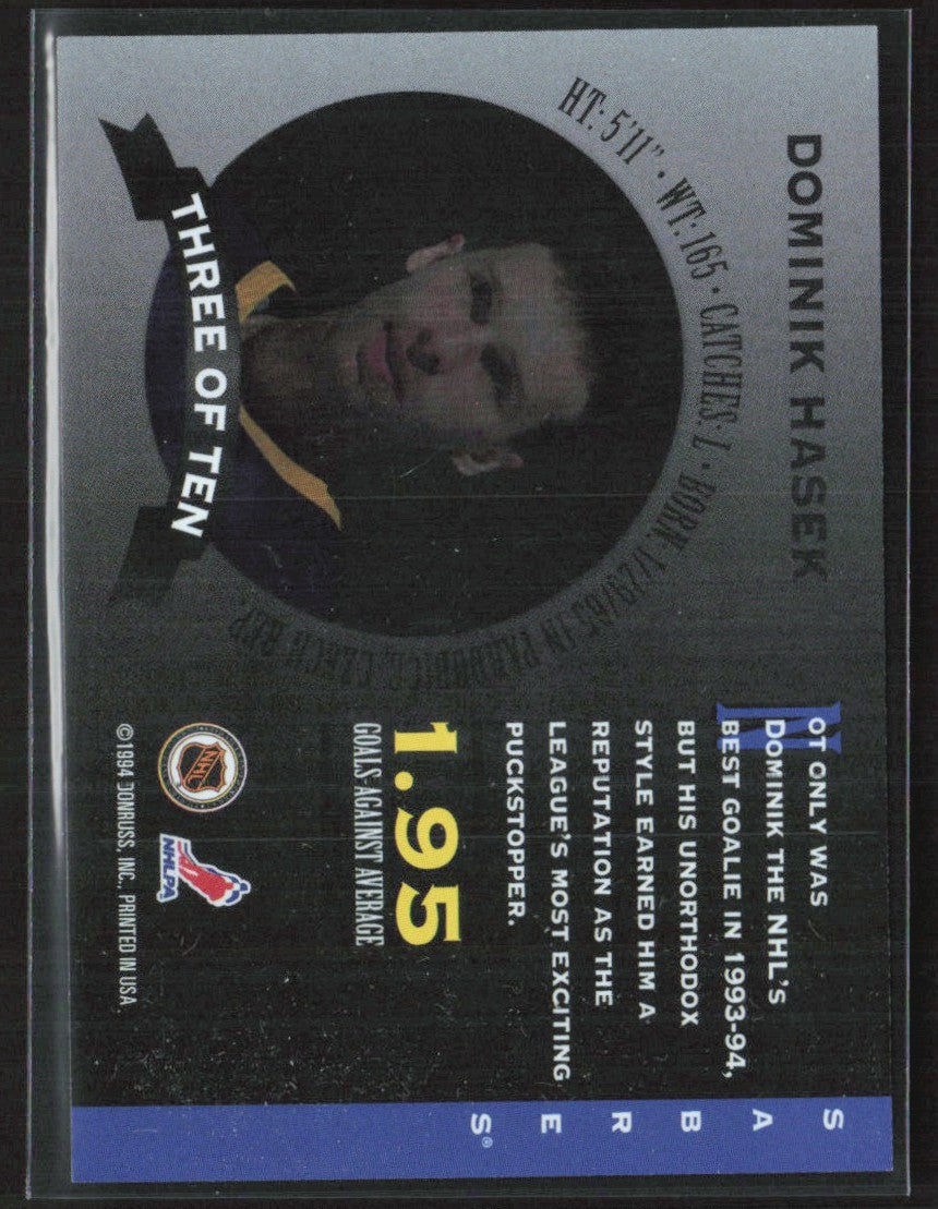 Dominik Hasek 1994 Donruss Masked Marvels #3 Buffalo Sabres