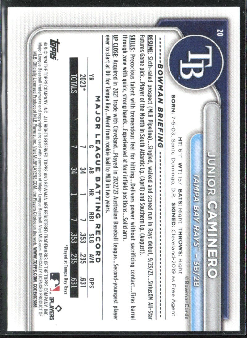 Junior Caminero 2024 Bowman RC #20 Tampa Bay Rays