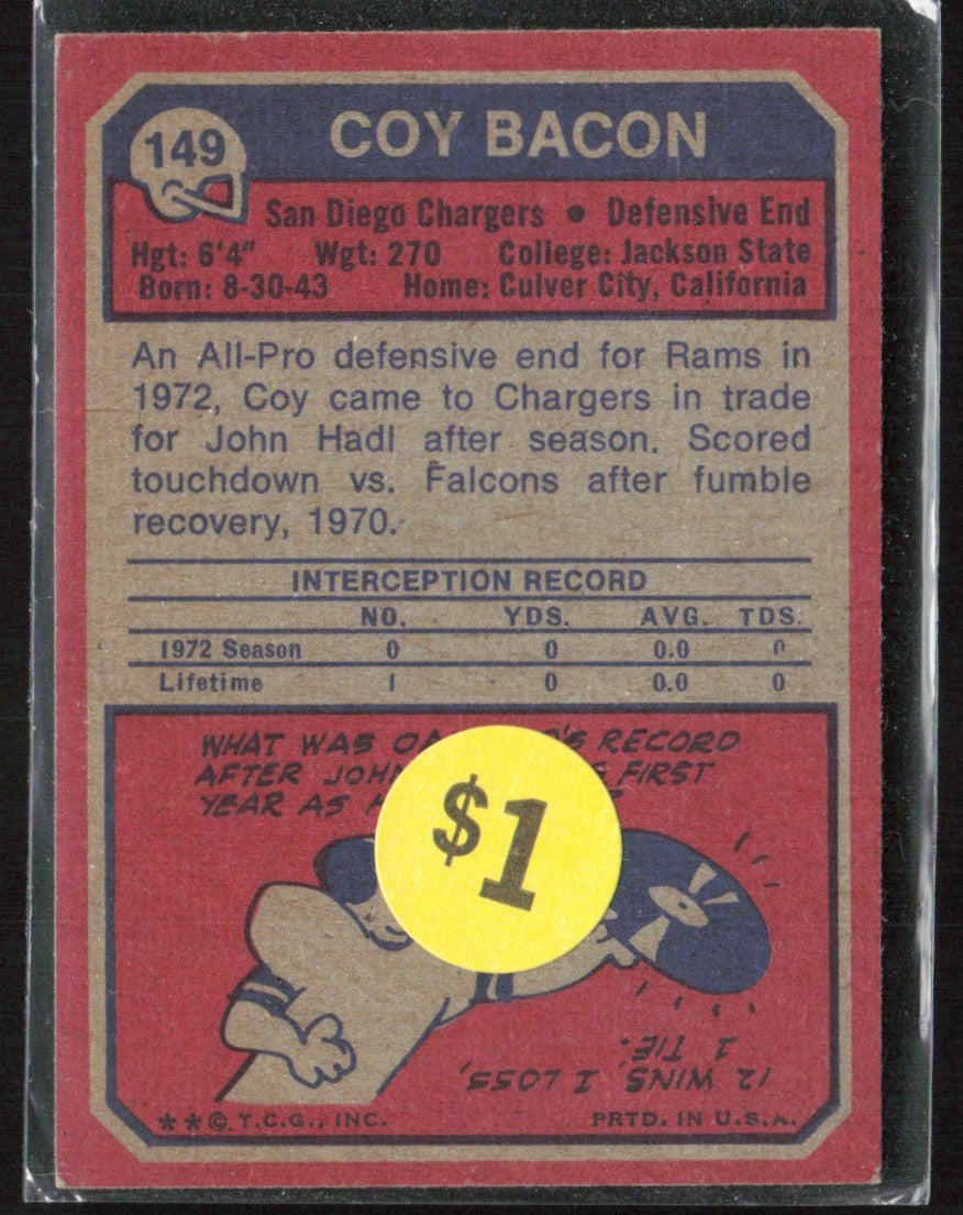 Coy Bacon 1973 Topps #149 San Diego Chargers