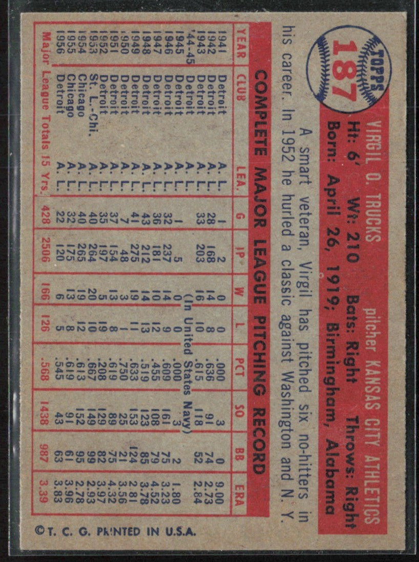 Virgil Trucks 1957 Topps #187 Kansas City Athletics