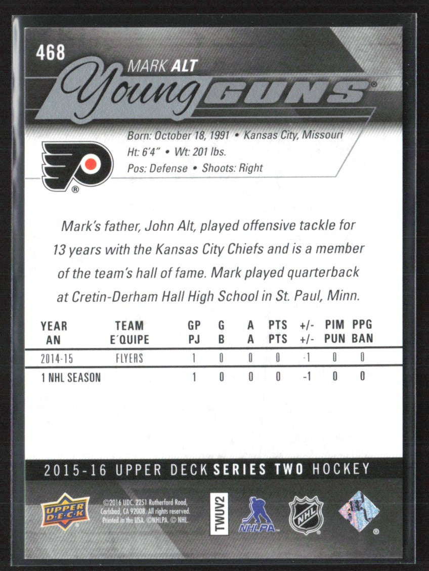 Mark Alt 2015 Upper Deck Young Guns Silver Foilboard RC #468 Philadelphia Flyers