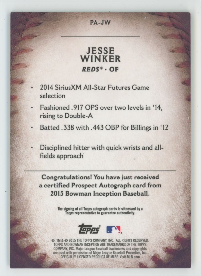 Jesse Winker 2015 Bowman Inception Green AUTO /99 #PA-JW Cincinnati Reds
