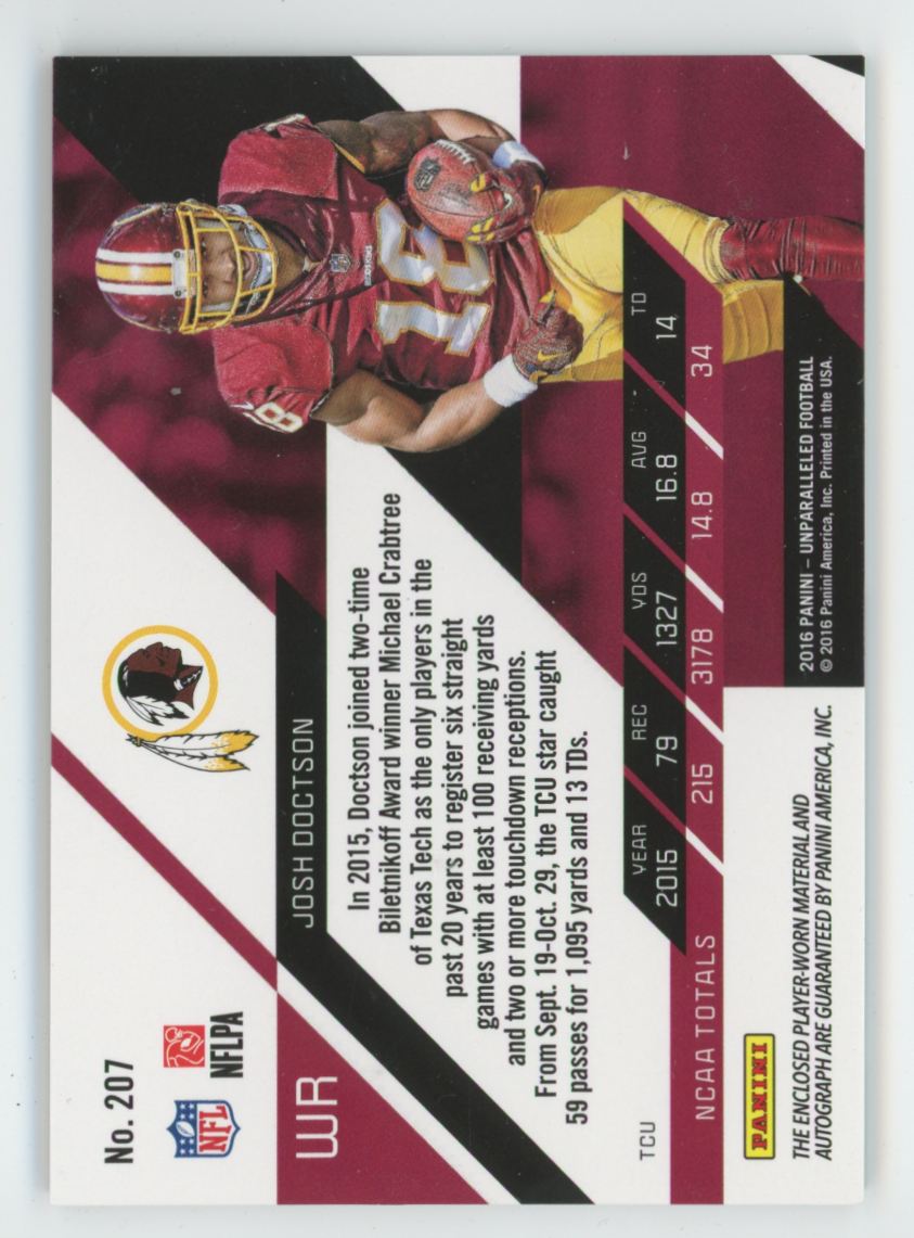 Josh Doctson 2016 Panini Unparalleled RC AUTO Jersey #207 Washington Redskins