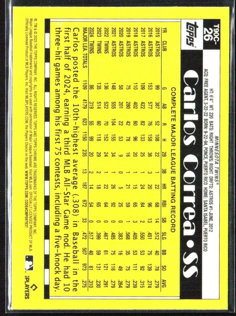 Carlos Correa 2025 Topps 1990 Chrome Silver Pack #T90C-26 Minnesota Twins