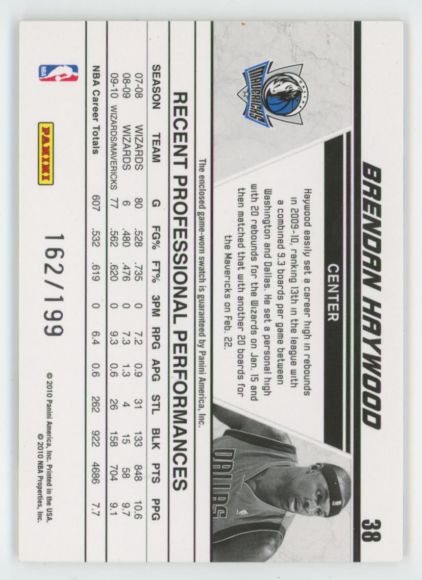 Brendan Haywood 2010 Donruss Production Line /199 Jersey #38 Dallas Mavericks