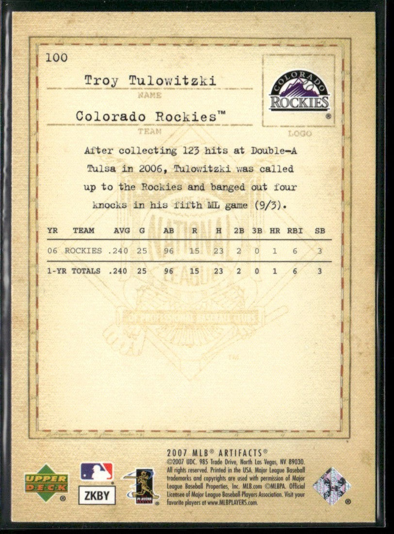 Troy Tulowitzki 2007 Upper Deck Artifacts RC #100 Colorado Rockies