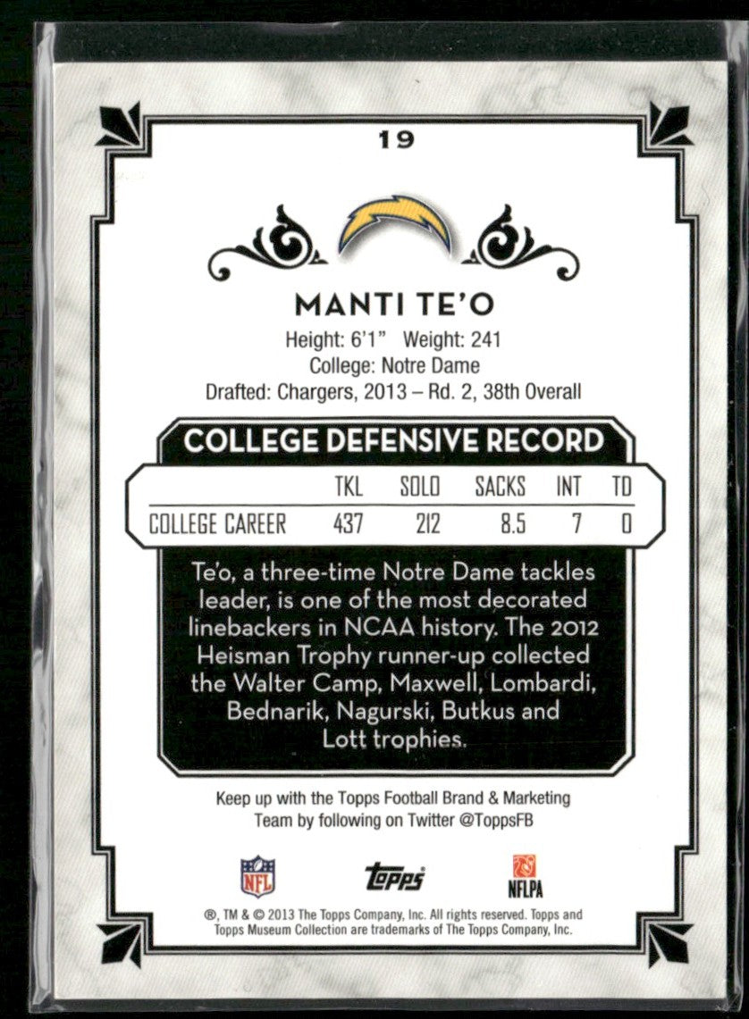 Manti Te'o 2013 Topps Museum Collection RC #19 San Diego Chargers