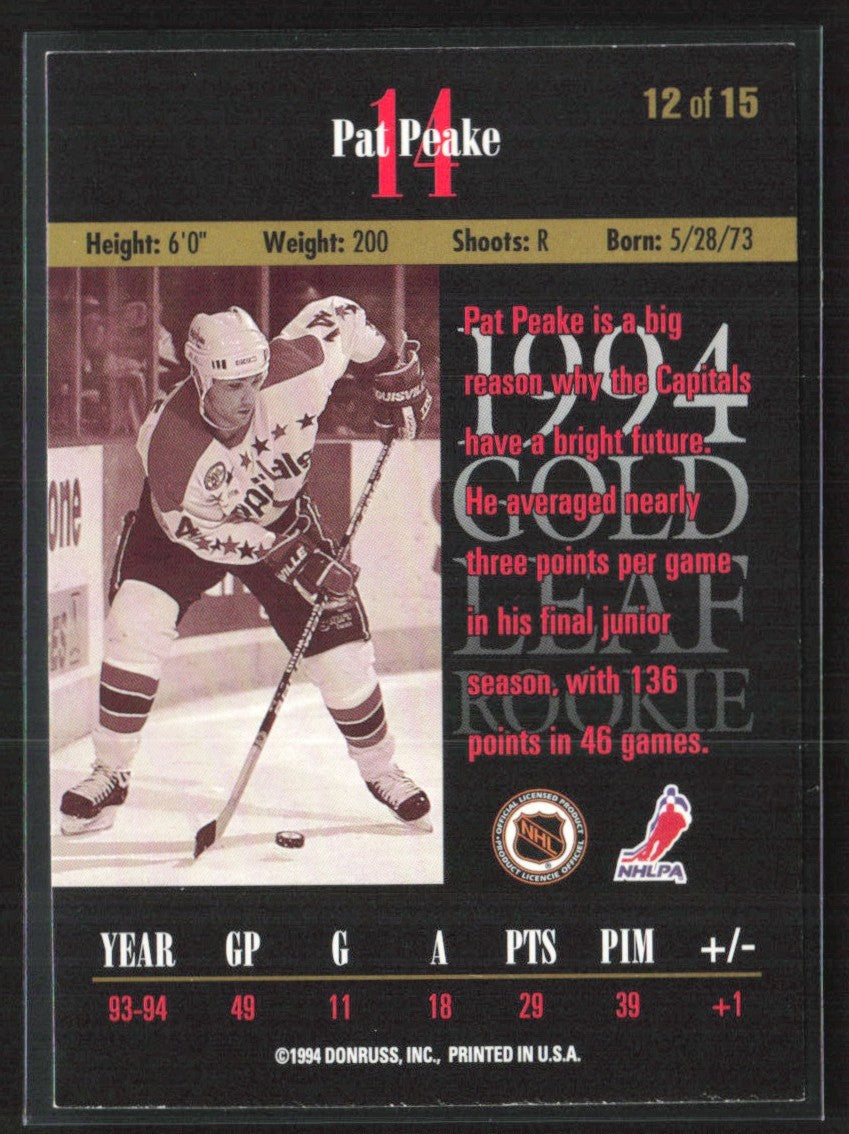 Pat Peake 1994 Leaf Gold RC #12 Washington Capitals
