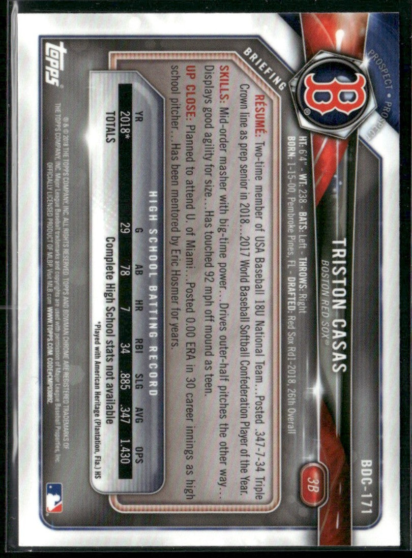 Triston Casas 2018 Bowman Draft Chrome 1st #BDC-171 Boston Red Sox