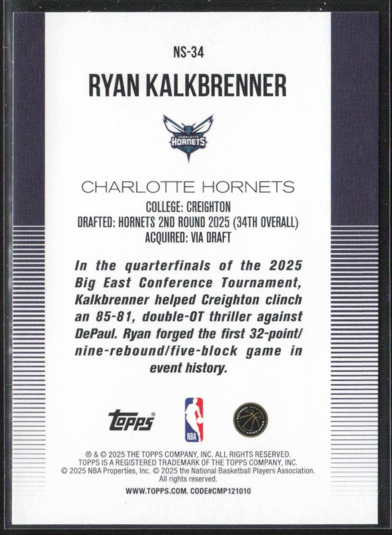 Ryan Kalkbrenner 2025 Topps New School RC #NS-34 Charlotte Hornets