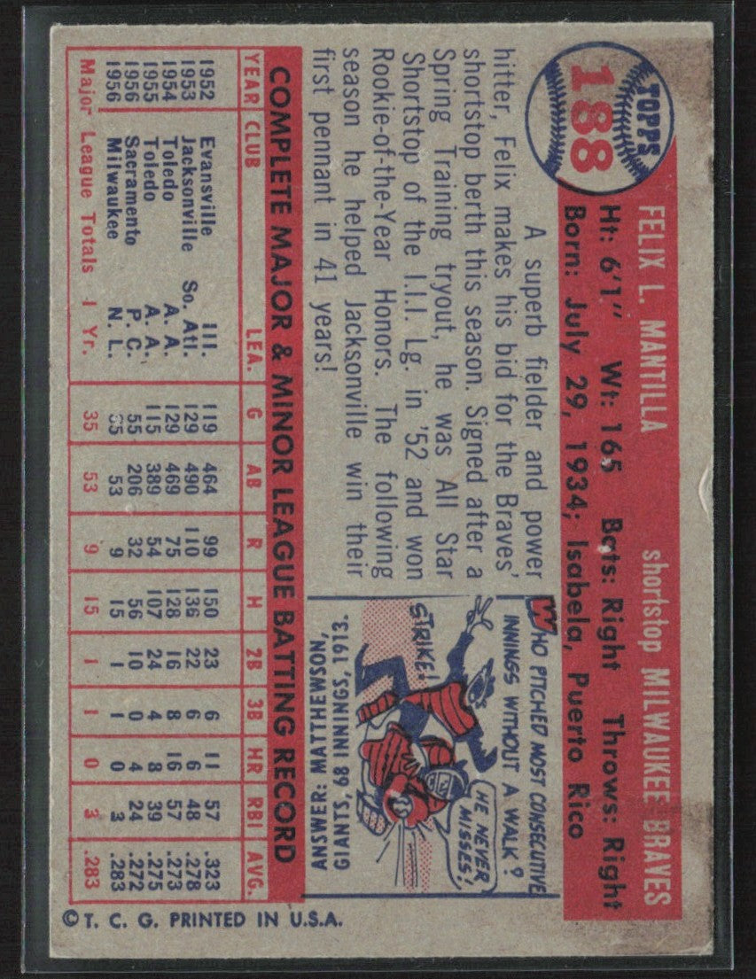 Felix Mantilla 1957 Topps RC #188 Milwaukee Braves