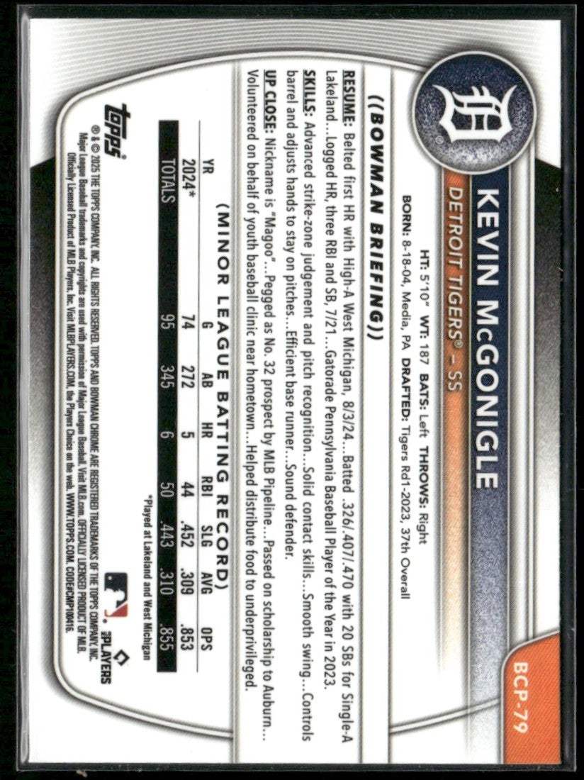 Kevin McGonigle 2025 Bowman Chrome 1st #BCP-79 Detroit Tigers