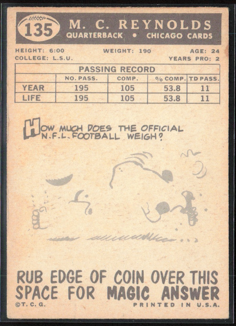M.C. Reynolds 1959 Topps RC #135 Chicago Cardinals