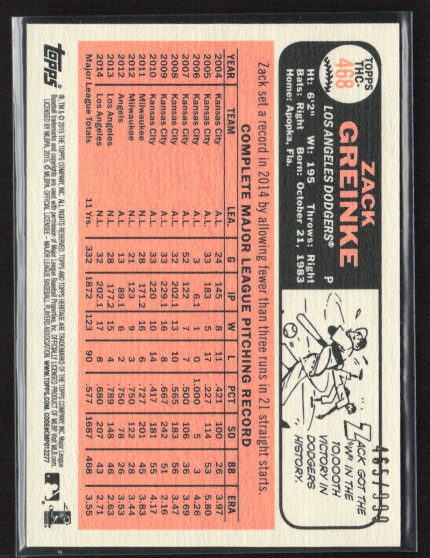 Zack Greinke 2015 Topps Heritage Chrome /999 #THC-468 Los Angeles Dodgers