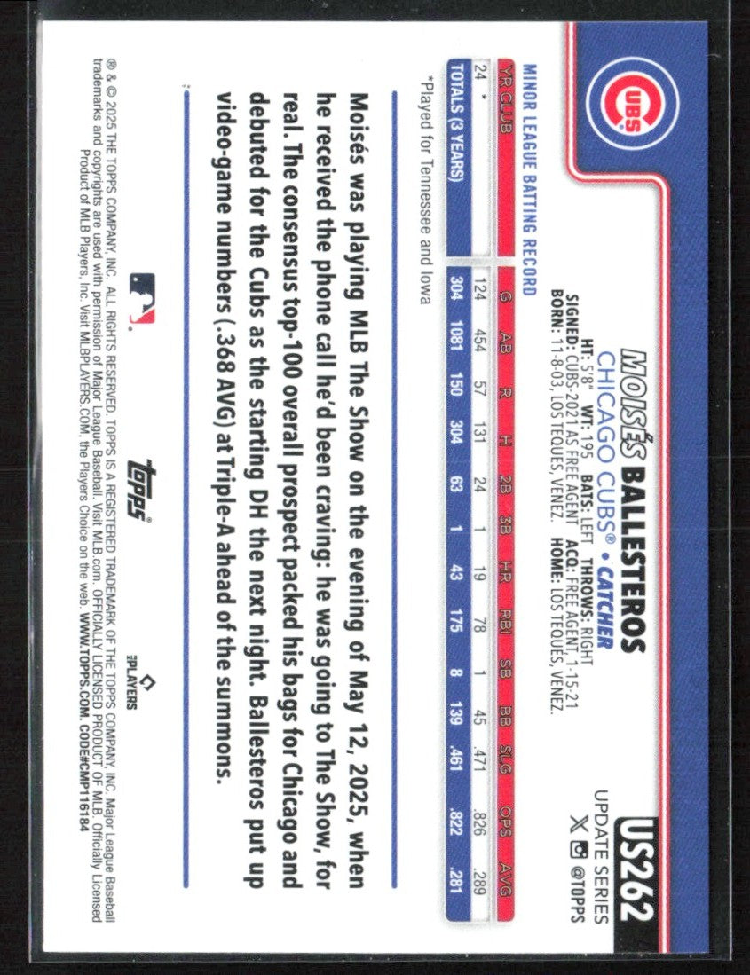 Moises Ballesteros 2025 Topps Update RC #US262 Chicago Cubs