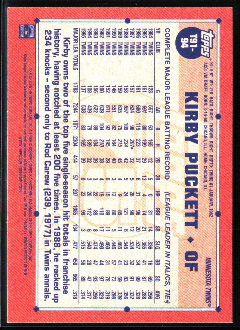 Kirby Puckett 2026 Topps 1991 Design #T91-94 Minnesota Twins