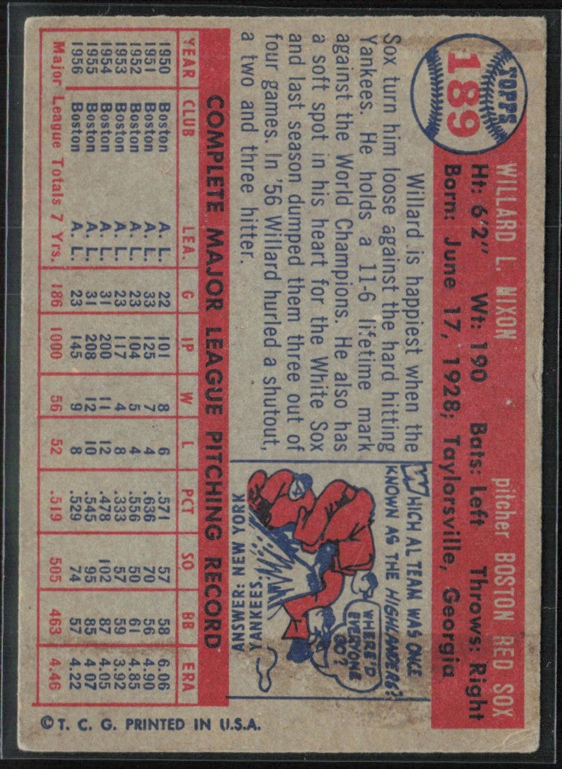 Willard Nixon 1957 Topps #189 Boston Red Sox
