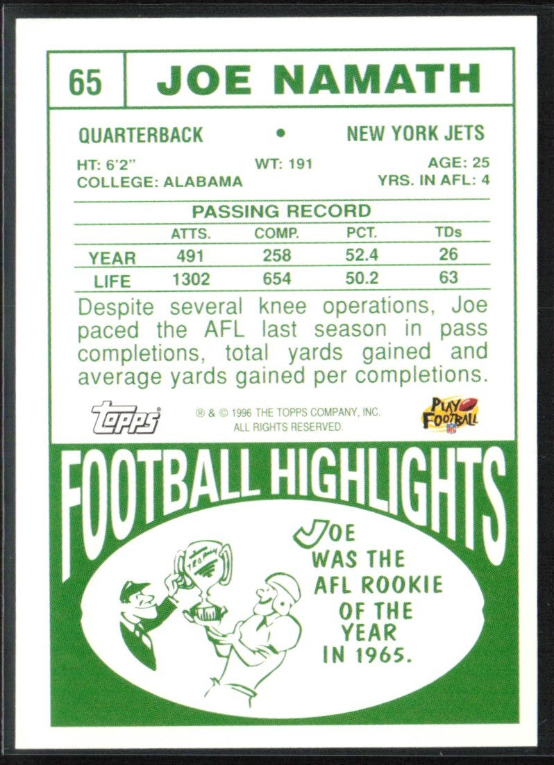 Joe Namath 1996 Topps Reprint #65 New York Jets