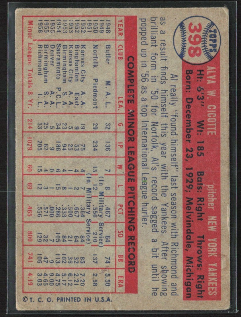 Al Cicotte 1957 Topps RC #398 New York Yankees
