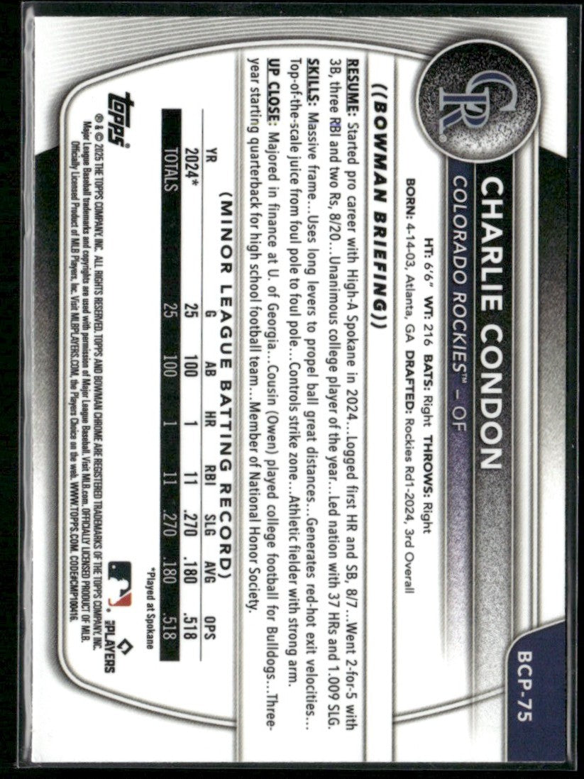 Charlie Condon 2025 Bowman Chrome 1st #BCP-75 Colorado Rockies