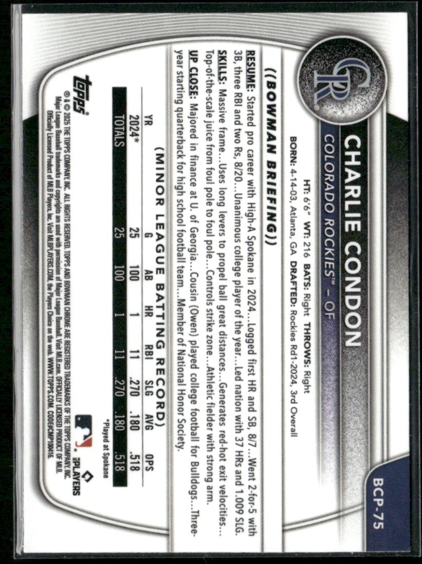 Charlie Condon 2025 Bowman Chrome 1st #BCP-75 Colorado Rockies