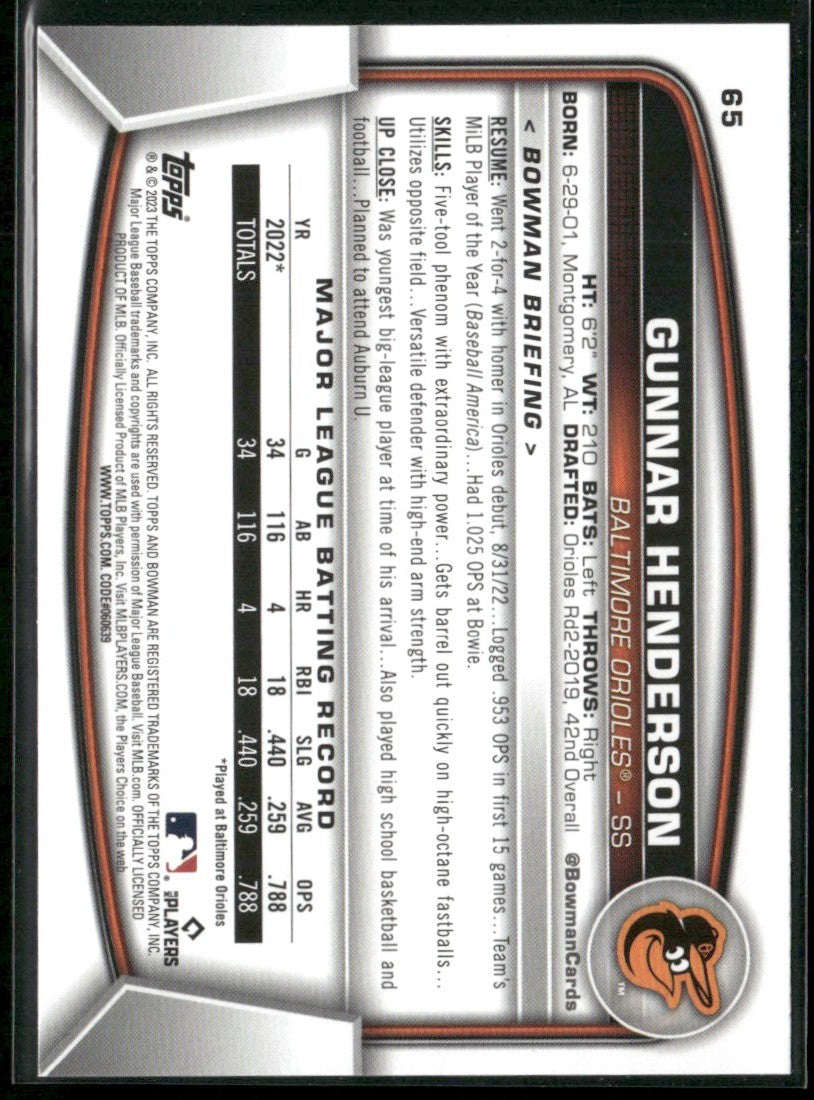 Gunnar Henderson 2023 Bowman RC #65 Baltimore Orioles