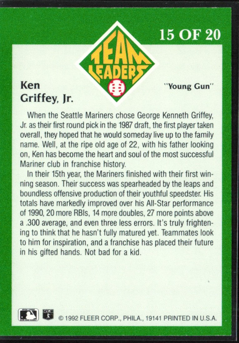 Ken Griffey Jr. 1992 Fleer Team Leaders #15 Seattle Mariners