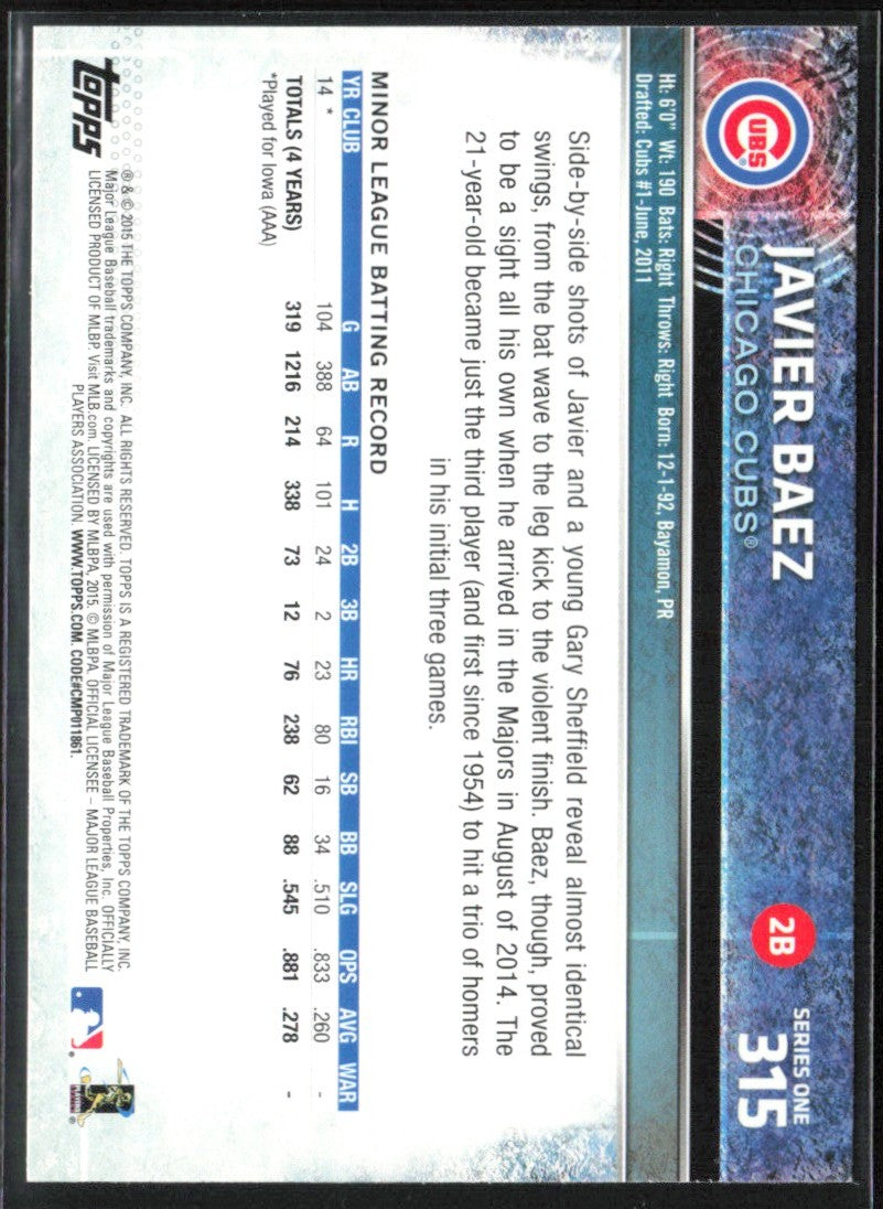 Javier Baez 2015 Topps RC #315 Chicago Cubs