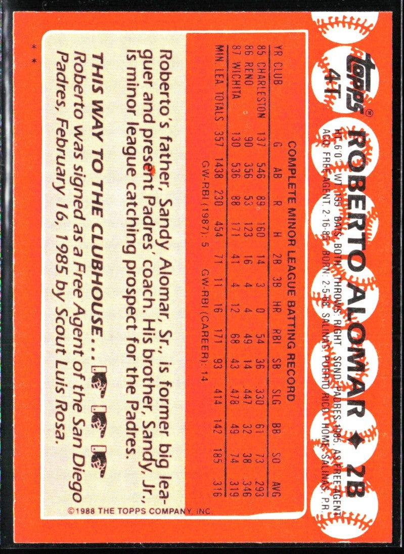 Roberto Alomar 1988 Topps Traded RC #4T San Diego Padres