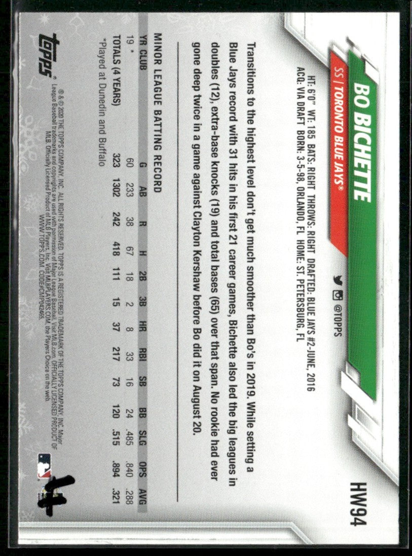 Bo Bichette 2020 Topps Holiday RC #HW94 Toronto Blue Jays