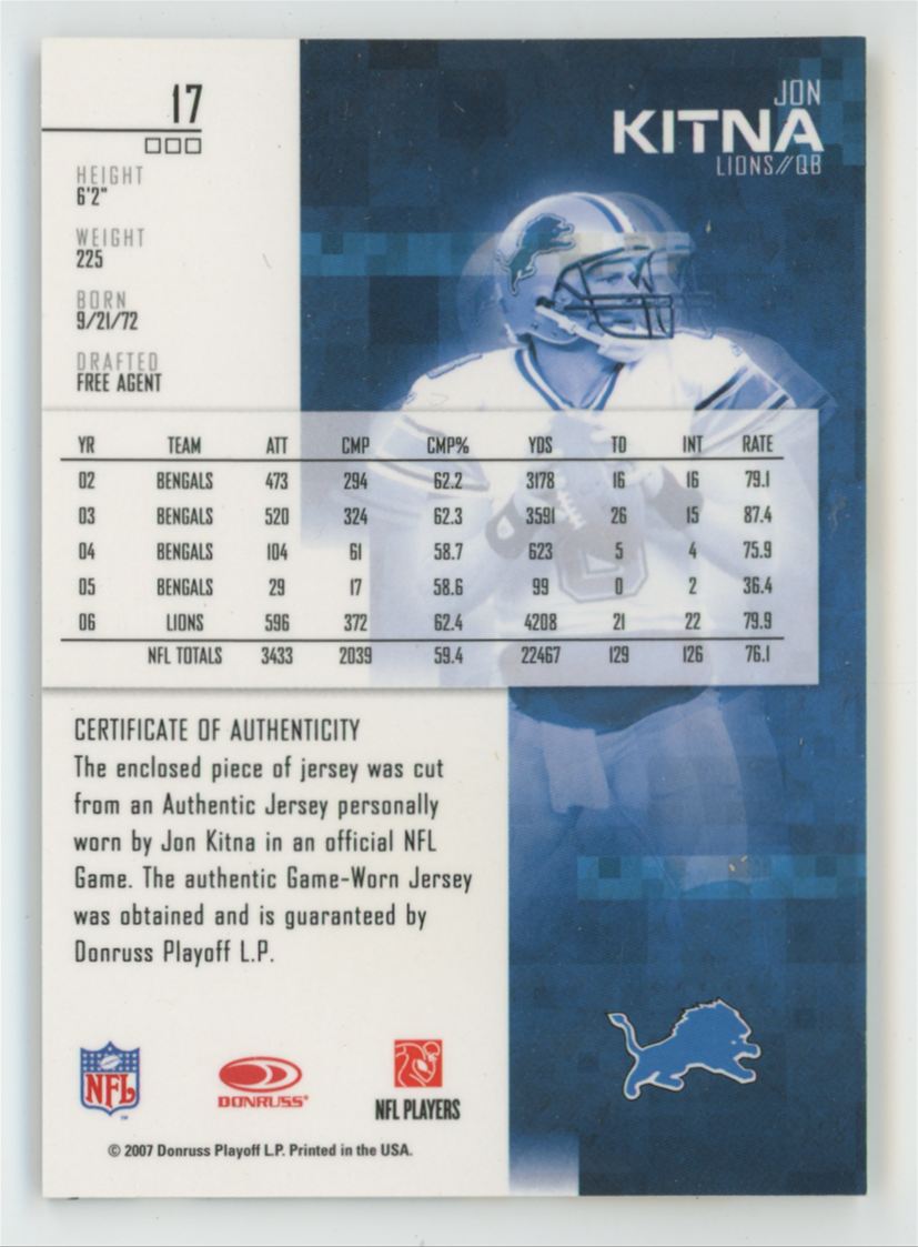 Jon Kitna 2007 Leaf Rookies & Stars Gold Jersey #17 Detroit Lions