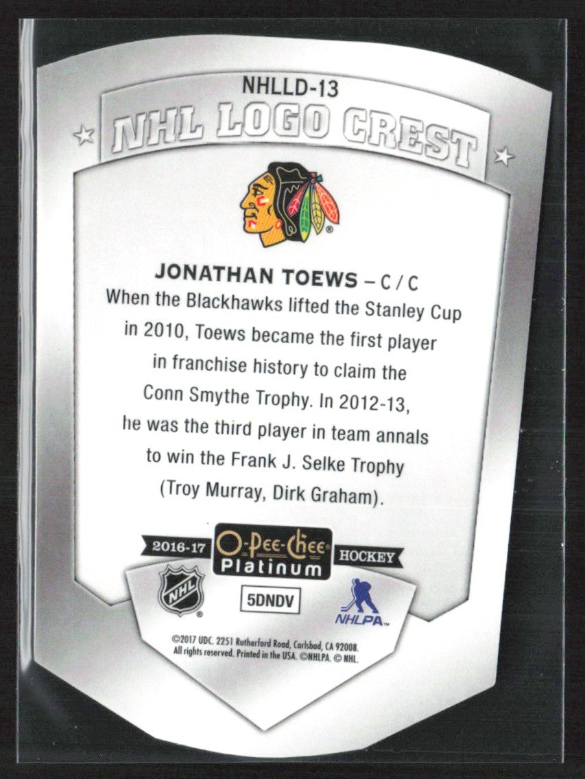 Jonathan Toews 2016 O-Pee-Chee Platinum NHL Logo Crest Die-Cut #NHLLD-13