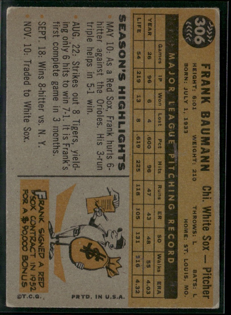 Frank Baumann 1960 Topps #306 Chicago White Sox