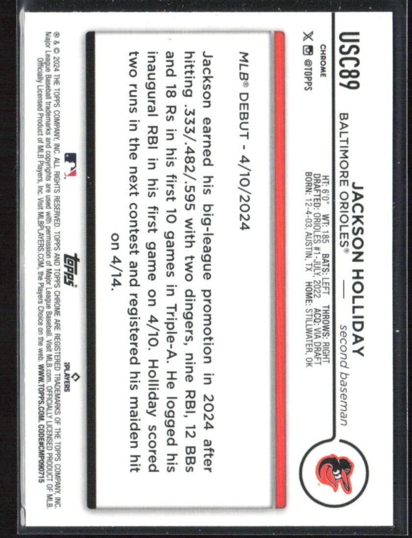 Jackson Holliday 2024 Topps Chrome Update RC #USC89 Baltimore Orioles