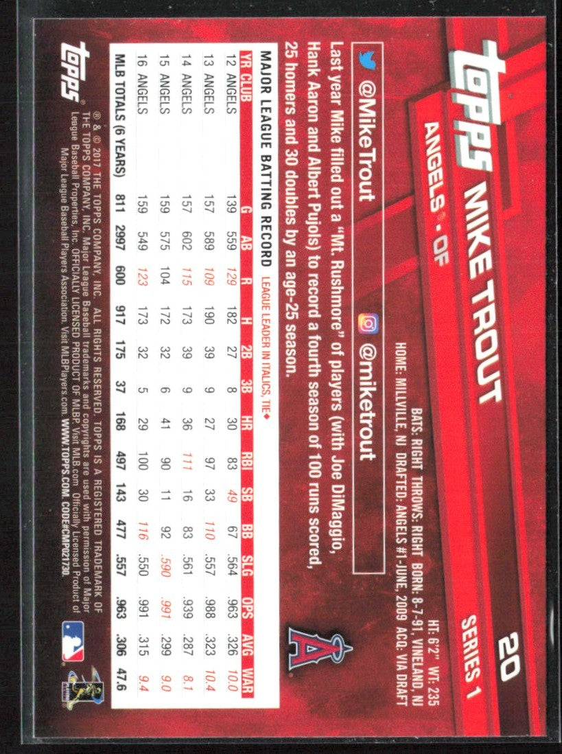 Mike Trout 2017 Topps #20 Los Angeles Angels