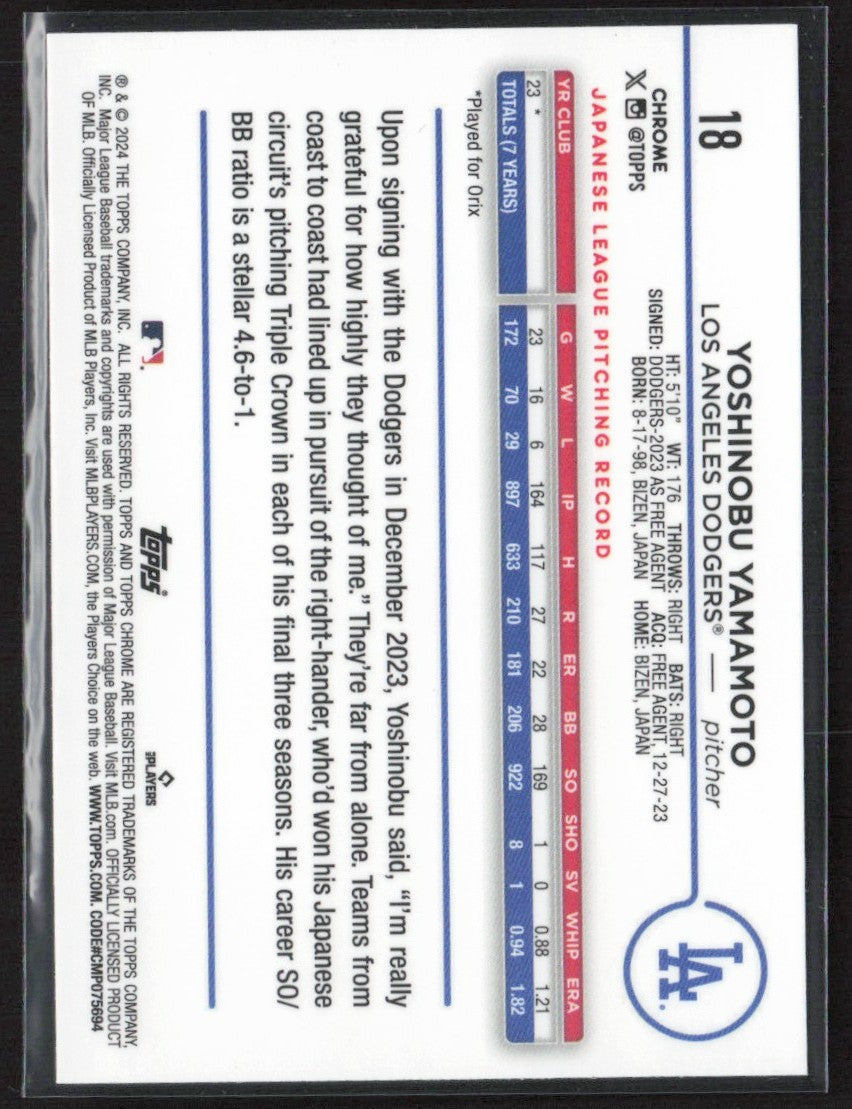 Yoshinobu Yamamoto 2024 Topps Chrome RC #18 Los Angeles Dodgers