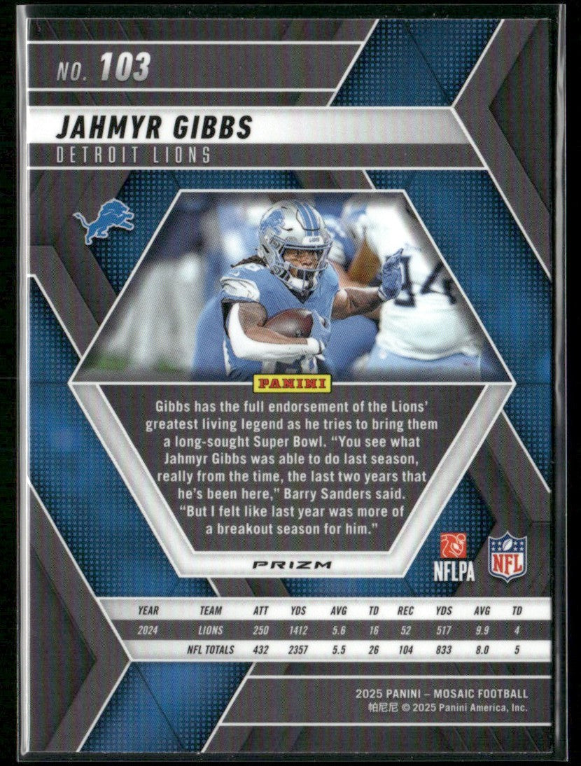 Jahmyr Gibbs 2025 Panini Mosaic Reactive Blue #103 Detroit Lions