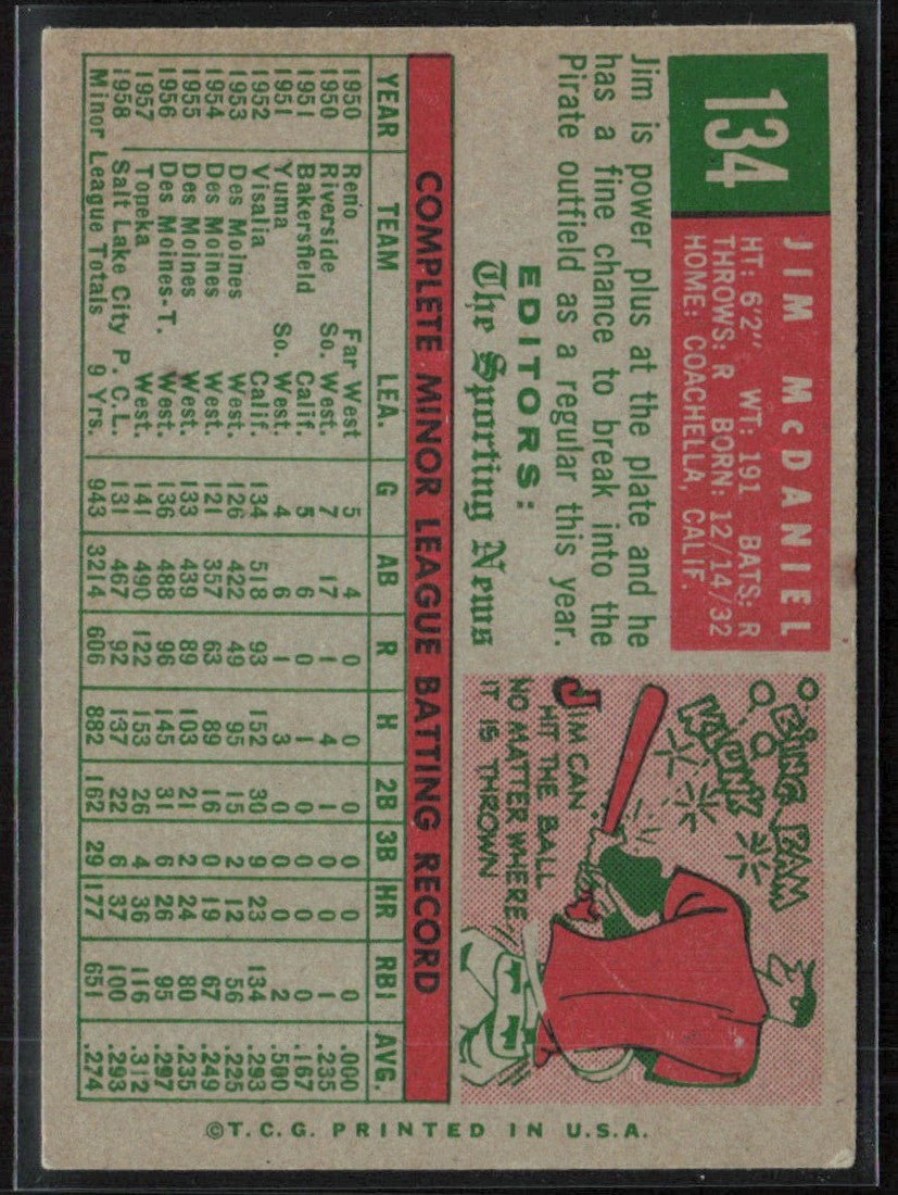 Jim McDaniel 1959 Topps RC #134.0 Pittsburgh Pirates