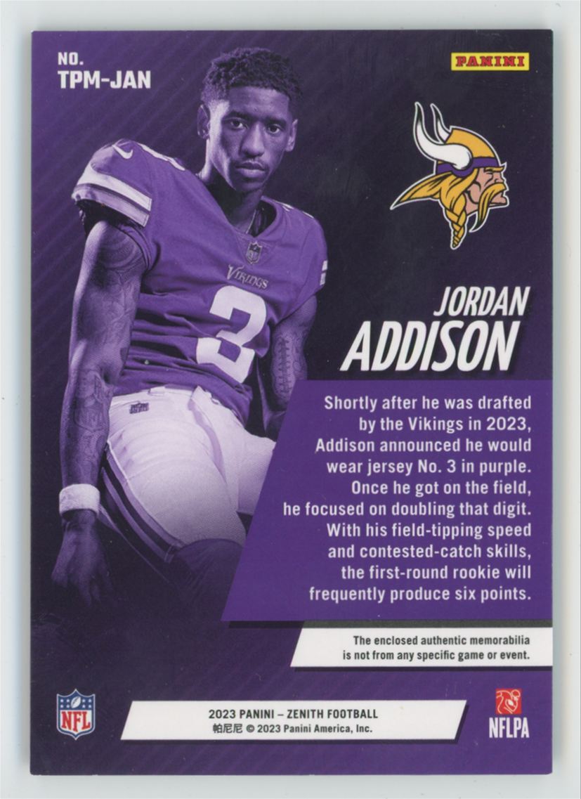 Jordan Addison 2023 Panini Zenith Turning Pro RC Jersey #TPM-JAN