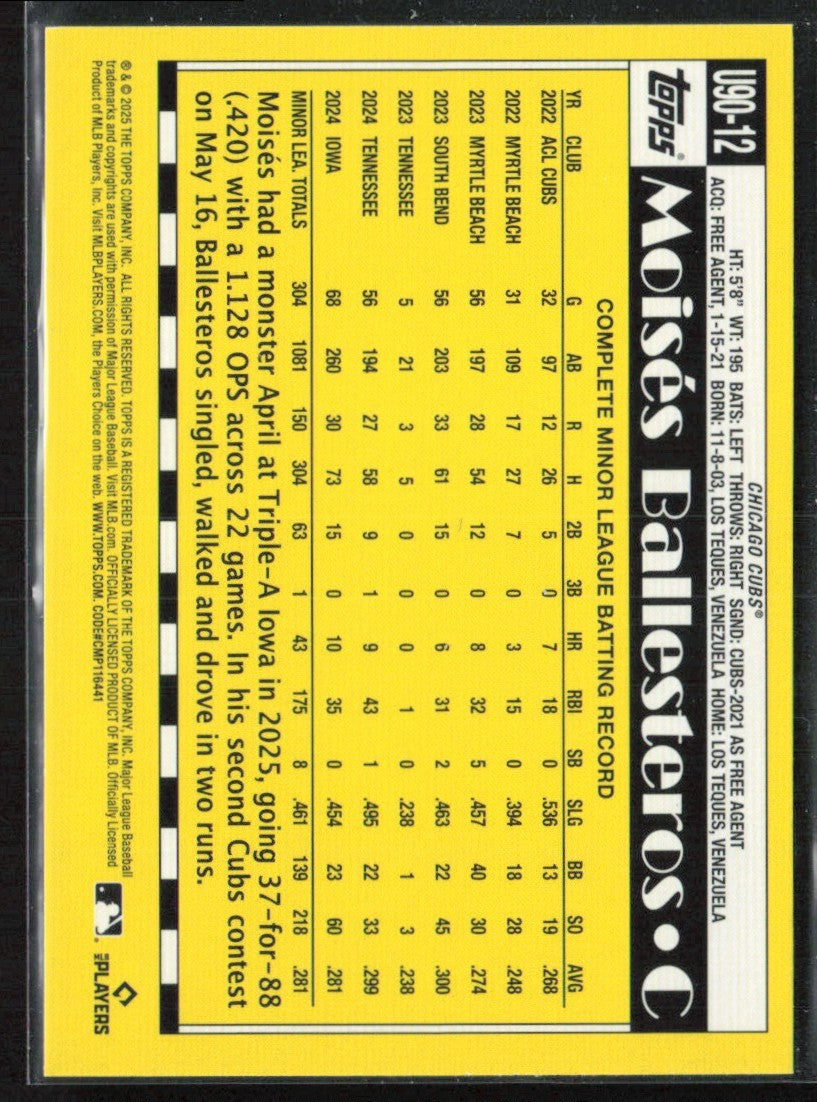 Moises Ballesteros 2025 Topps Update 1990 RC #U90-12 Chicago Cubs