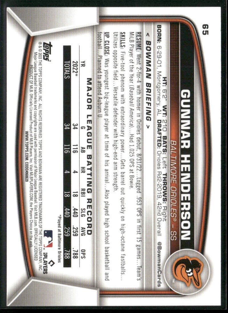 Gunnar Henderson 2023 Bowman RC #65 Baltimore Orioles