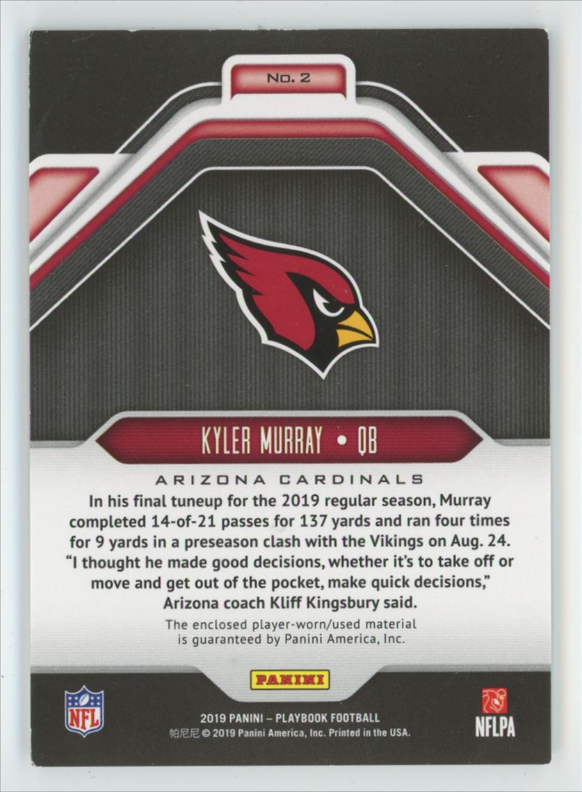 Kyler Murray 2019 Panini Playbook Play Action Jersey #2 Arizona Cardinals