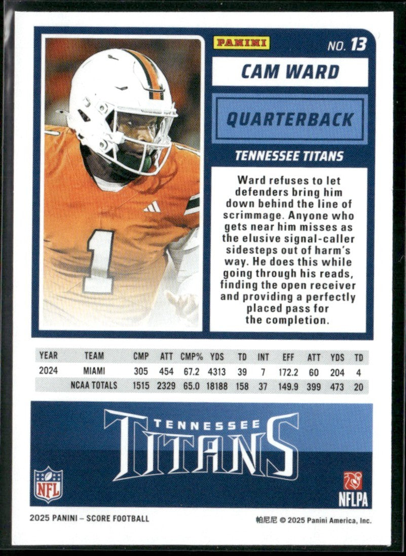 Cam Ward 2025 Panini Score #13 Tennessee Titans