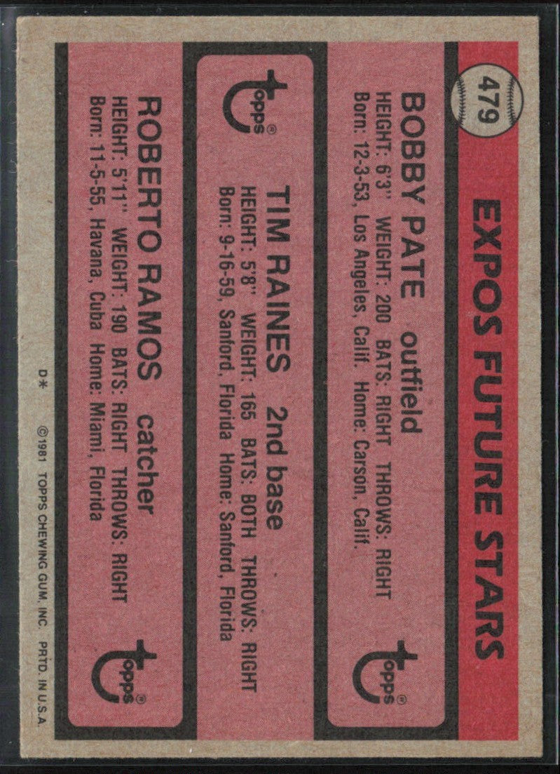 Tim Raines Ramos Pate 1981 Topps RC #479 Montreal Expos