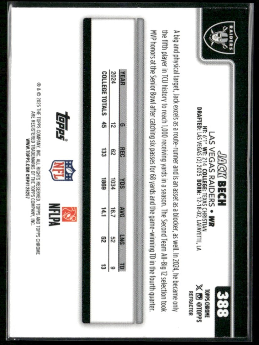 Jack Bech 2025 Topps Chrome Refractor RC #388 Las Vegas Raiders