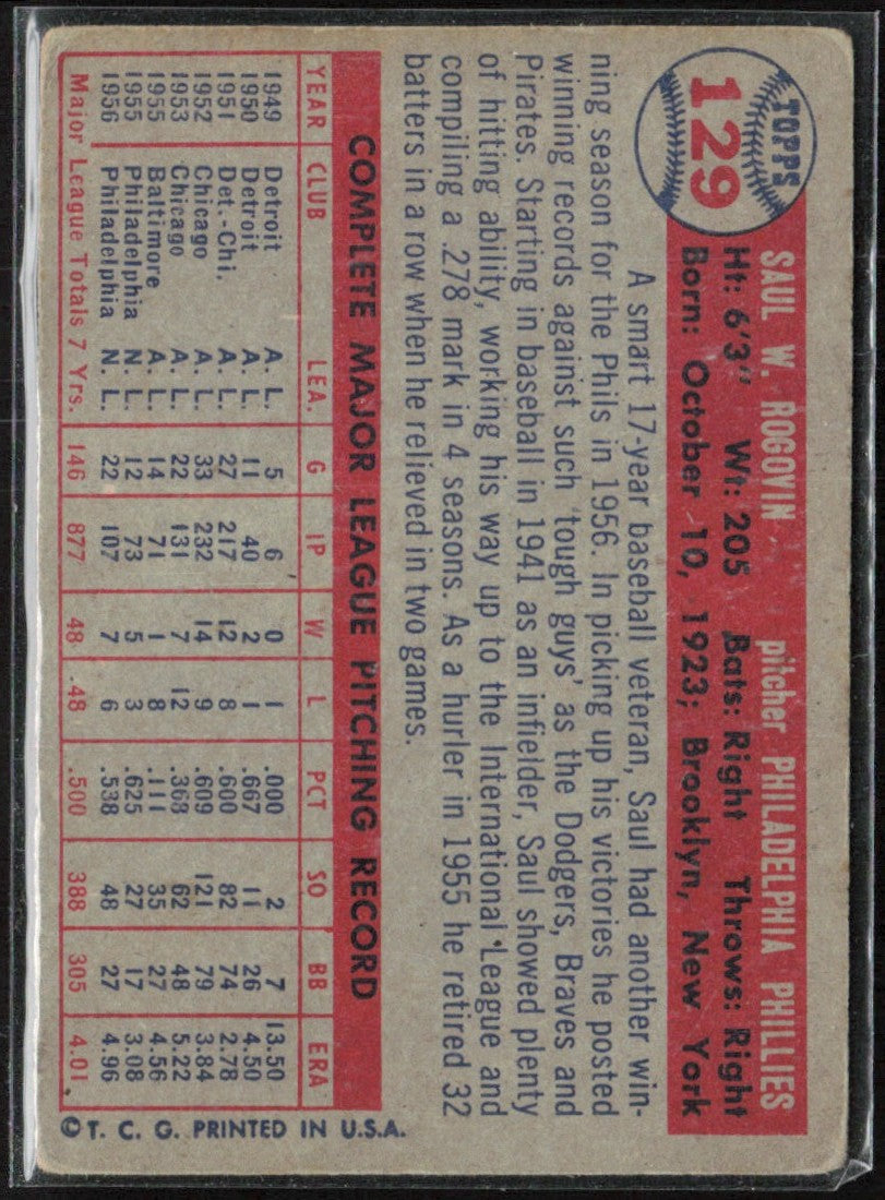 Saul Rogovin 1957 Topps #129 Philadelphia Phillies