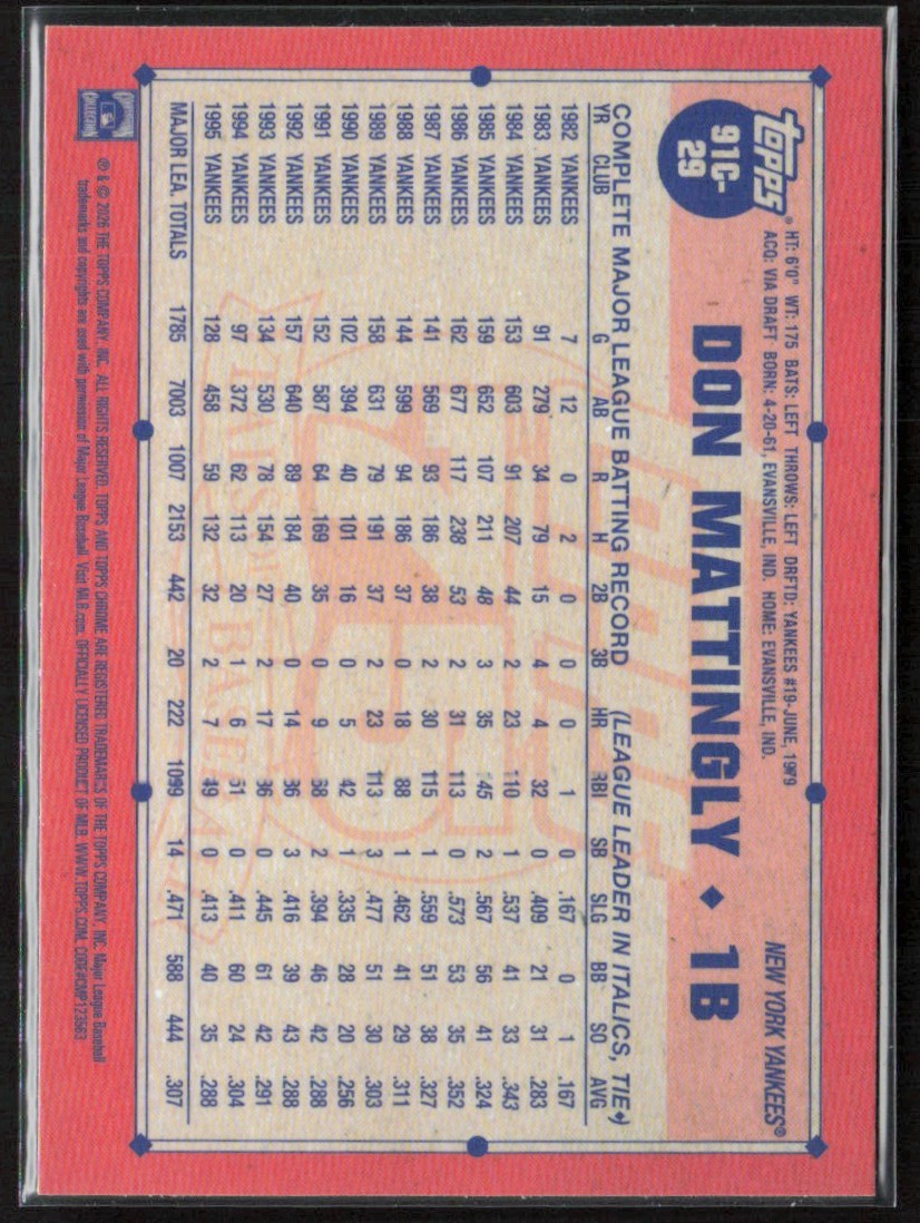 Don Mattingly 2026 Topps Chrome 1991 Silver Pack #91C-29 New York Yankees